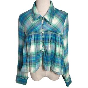 Kimchi Blue Green and Blue Plaid Distressed Flannel Blouse Top